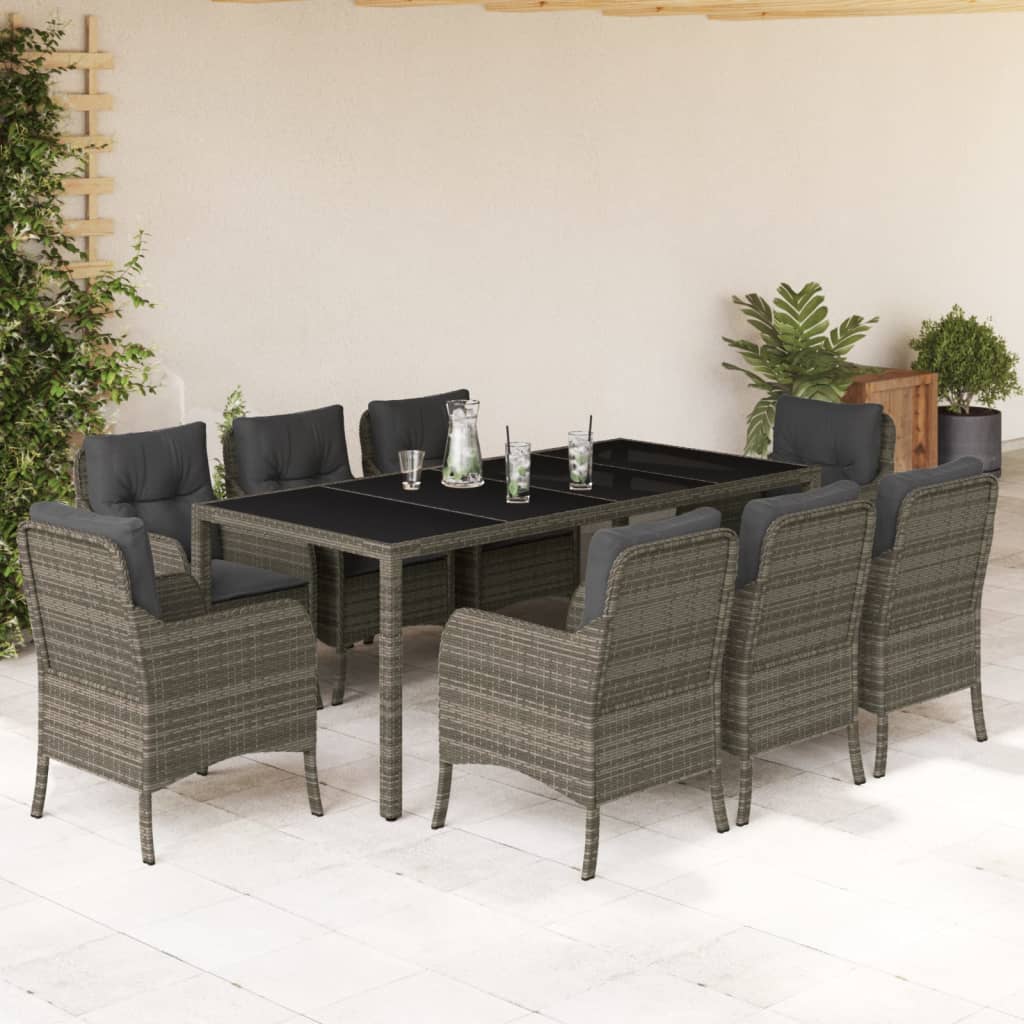 9-tlg. Garten-Essgruppe mit Kissen Grau Poly Rattan