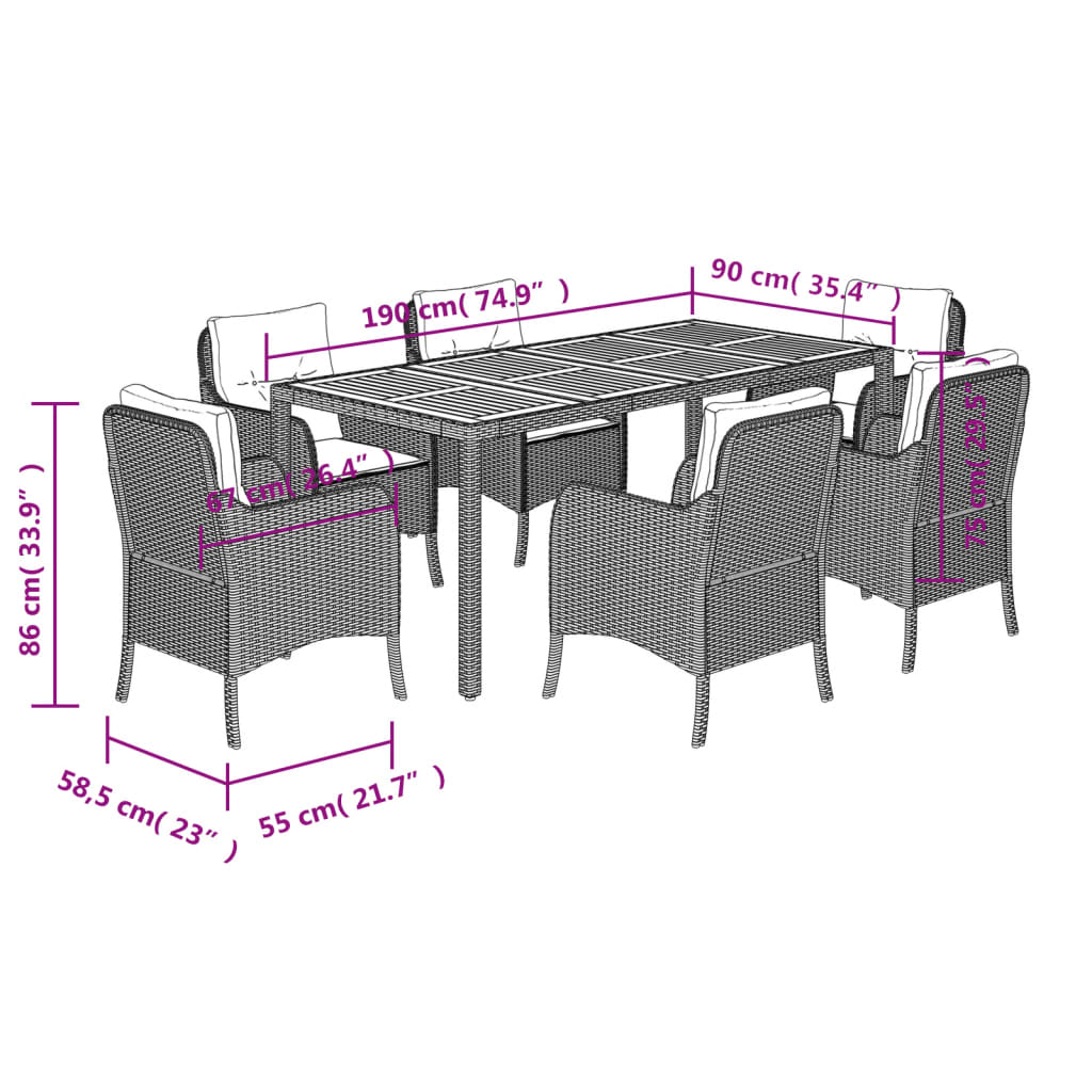 7-tlg. Garten-Essgruppe mit Kissen Schwarz Poly Rattan