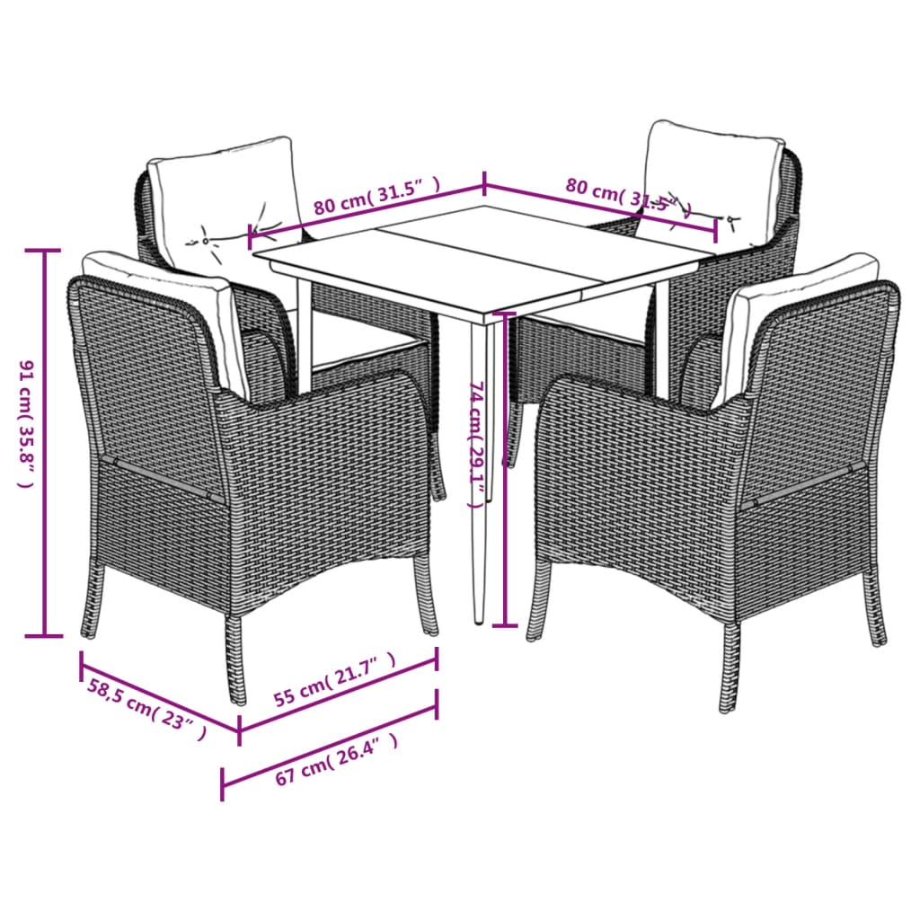 5-tlg. Garten-Essgruppe mit Kissen Schwarz Poly Rattan