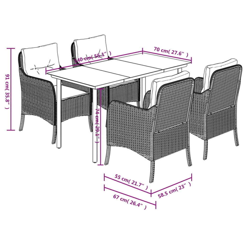 5-tlg. Garten-Essgruppe mit Kissen Braun Poly Rattan