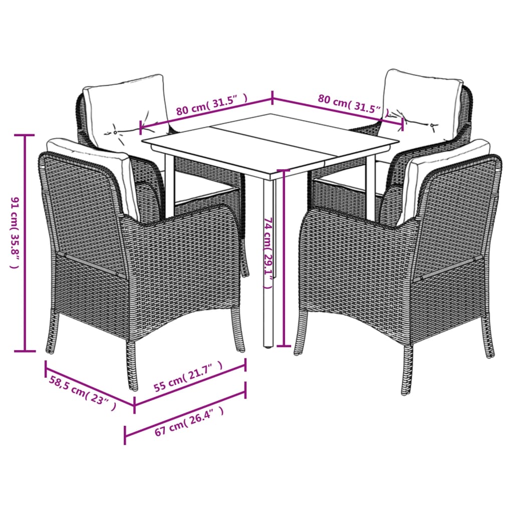 5-tlg. Garten-Essgruppe mit Kissen Grau Poly Rattan