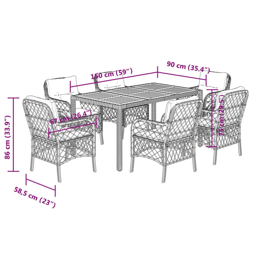 7-tlg. Garten-Essgruppe mit Kissen Schwarz Poly Rattan