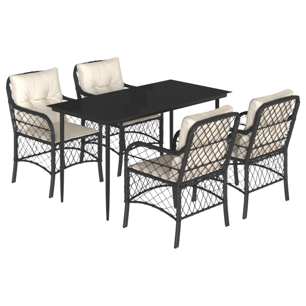 5-tlg. Garten-Essgruppe mit Kissen Schwarz Poly Rattan