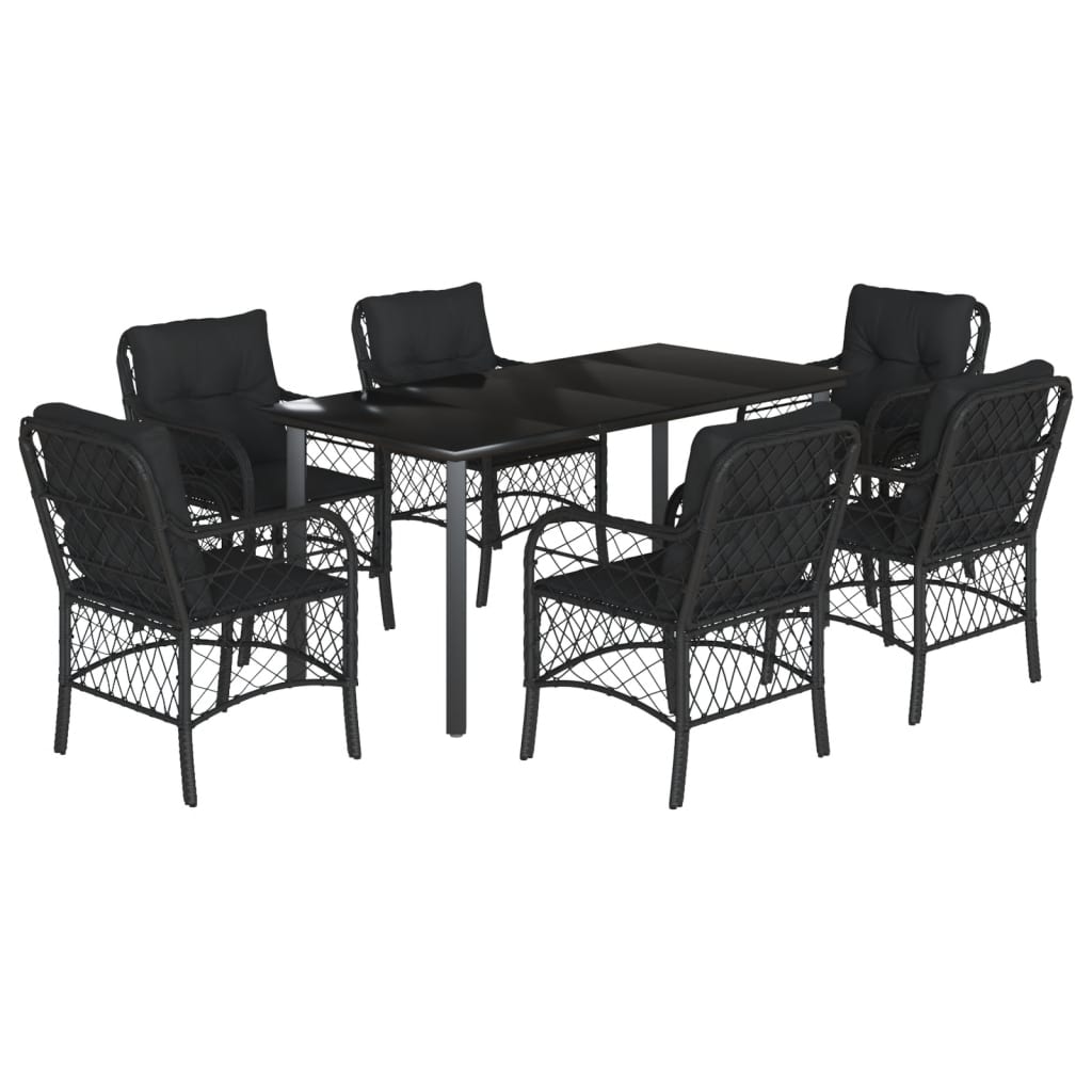 7-tlg. Garten-Essgruppe mit Kissen Schwarz Poly Rattan