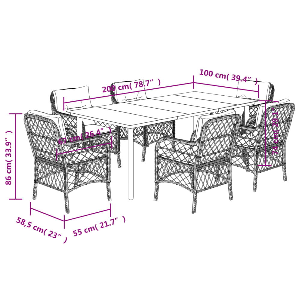 7-tlg. Garten-Essgruppe mit Kissen Schwarz Poly Rattan