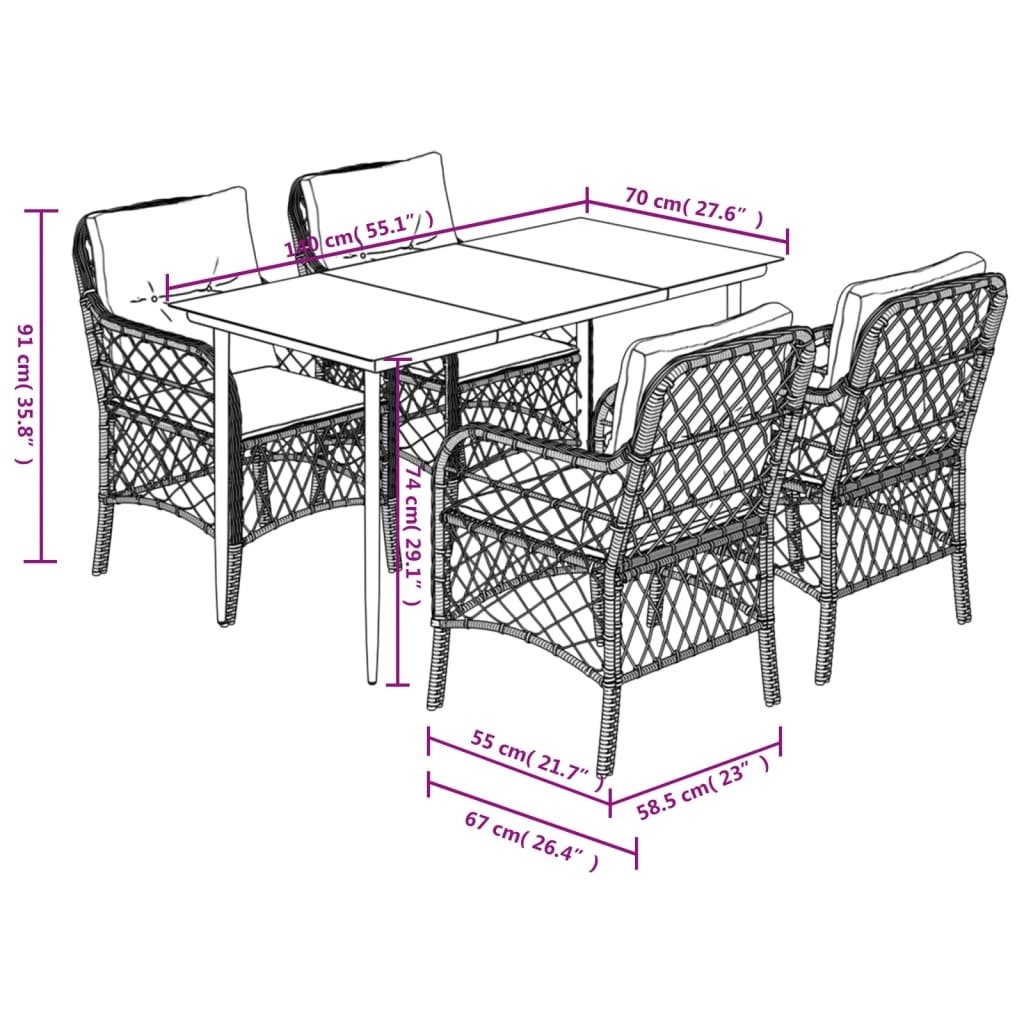 5-tlg. Garten-Essgruppe mit Kissen Braun Poly Rattan