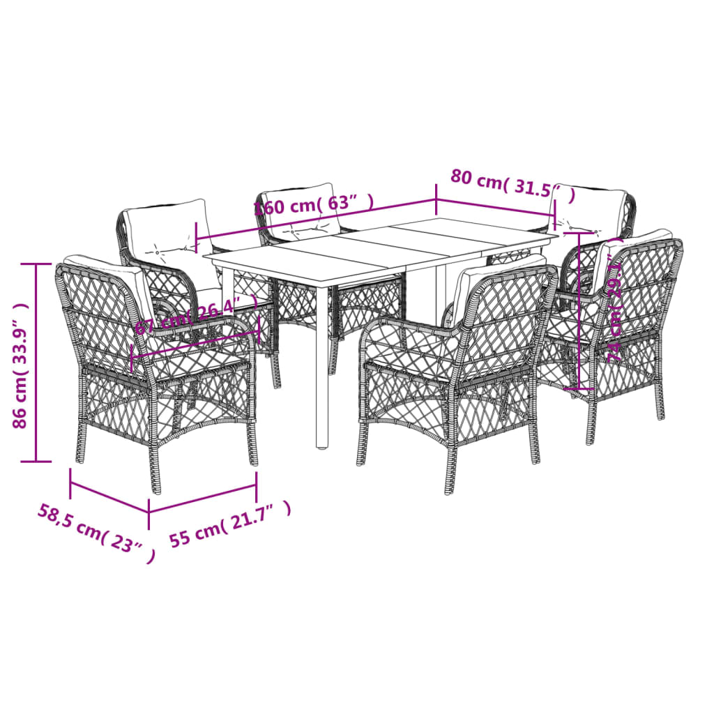 7-tlg. Garten-Essgruppe mit Kissen Braun Poly Rattan