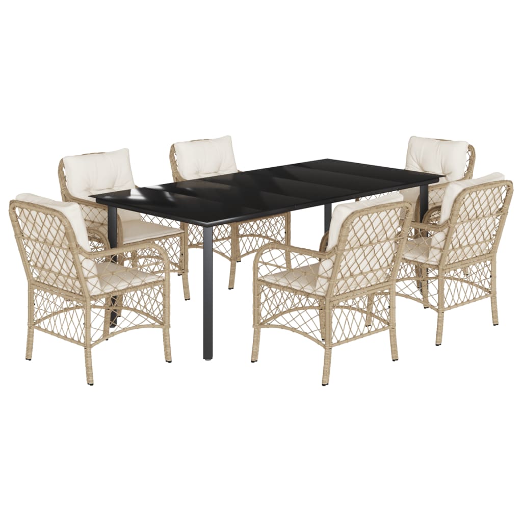 7-tlg. Garten-Essgruppe mit Kissen Beige Poly Rattan