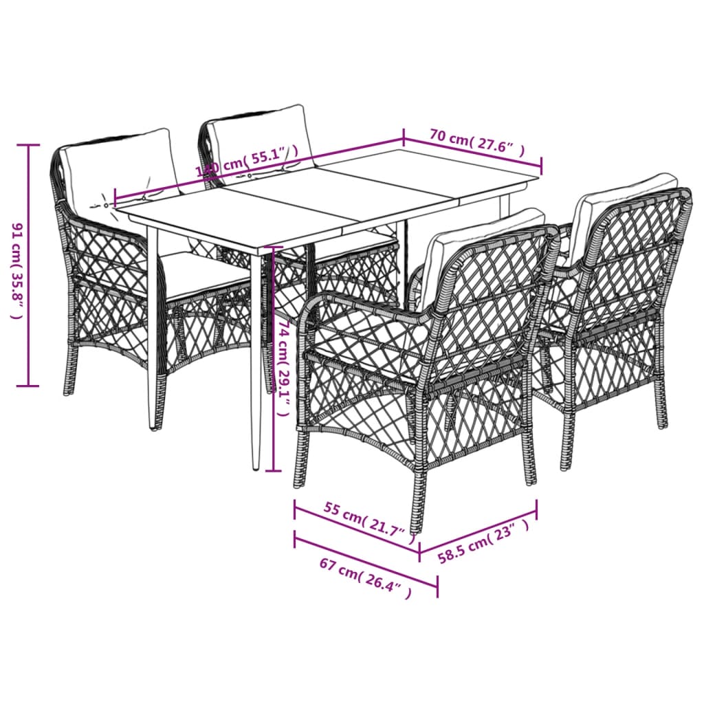 5-tlg. Garten-Essgruppe mit Kissen Beigemischung Poly Rattan