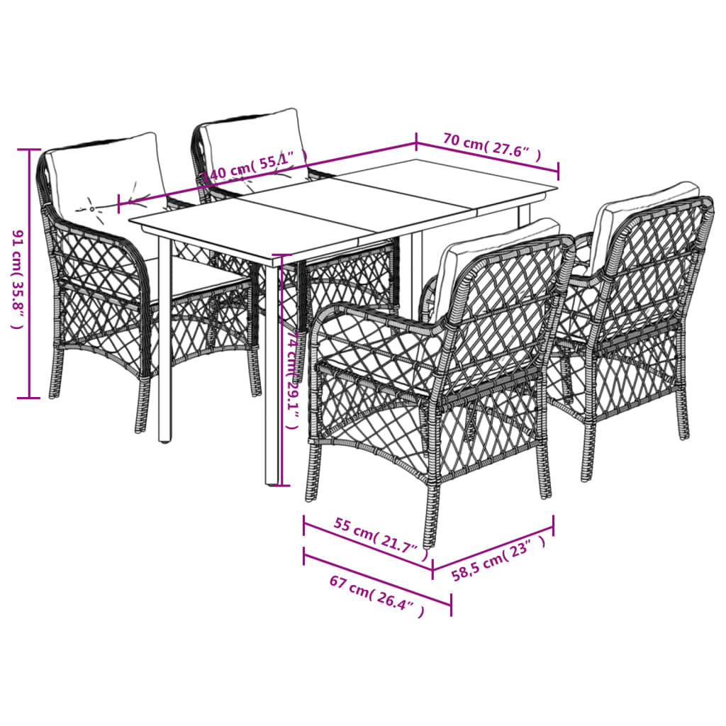 5-tlg. Garten-Essgruppe mit Kissen Beigemischung Poly Rattan