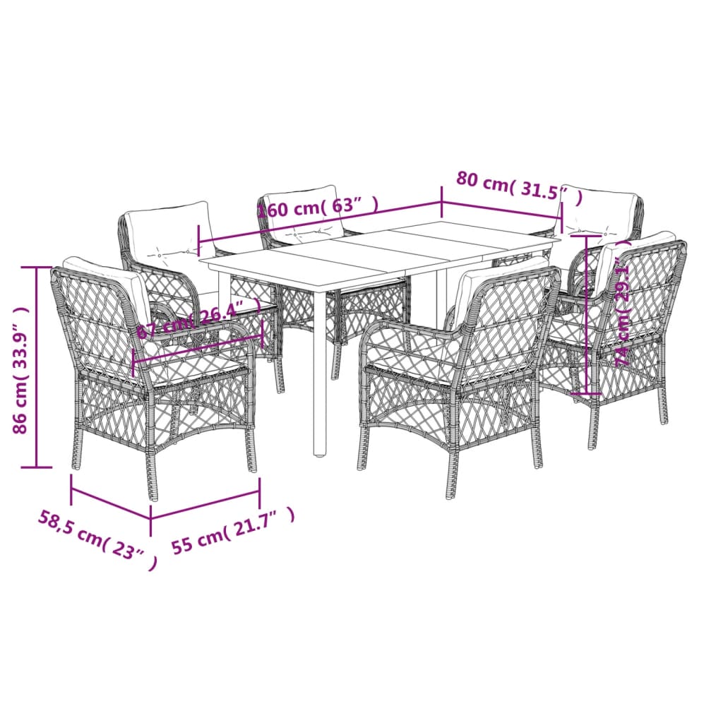 7-tlg. Garten-Essgruppe mit Kissen Hellgrau Poly Rattan