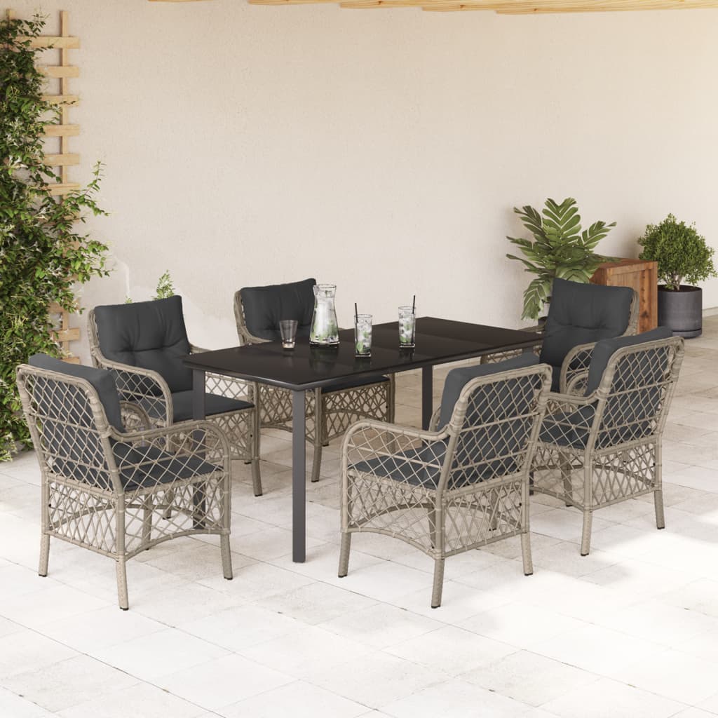 7-tlg. Garten-Essgruppe mit Kissen Hellgrau Poly Rattan
