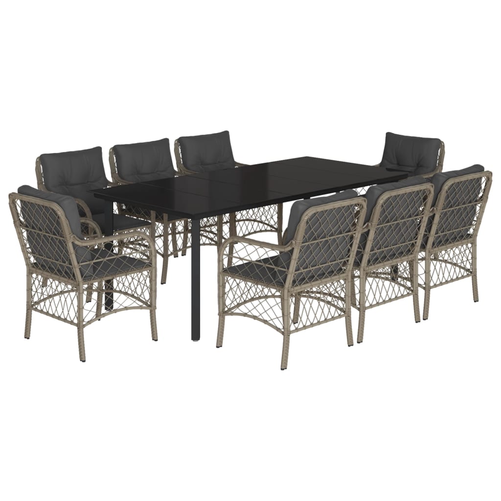 9-tlg. Garten-Essgruppe mit Kissen Hellgrau Poly Rattan
