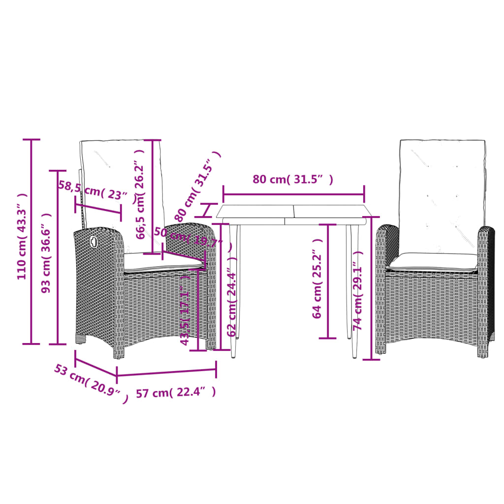 3-tlg. Garten-Essgruppe mit Kissen Schwarz Poly Rattan