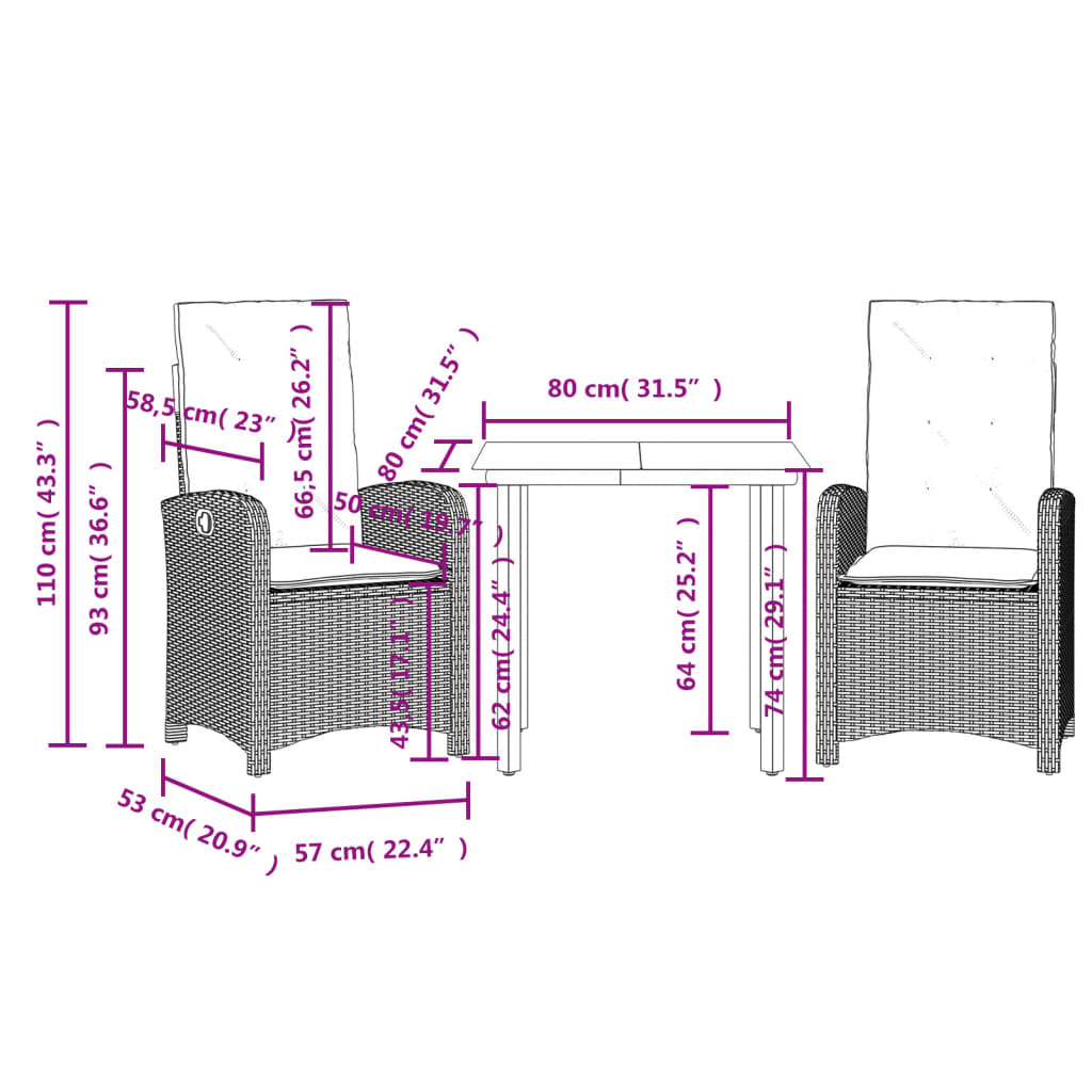 3-tlg. Garten-Essgruppe mit Kissen Braun Poly Rattan