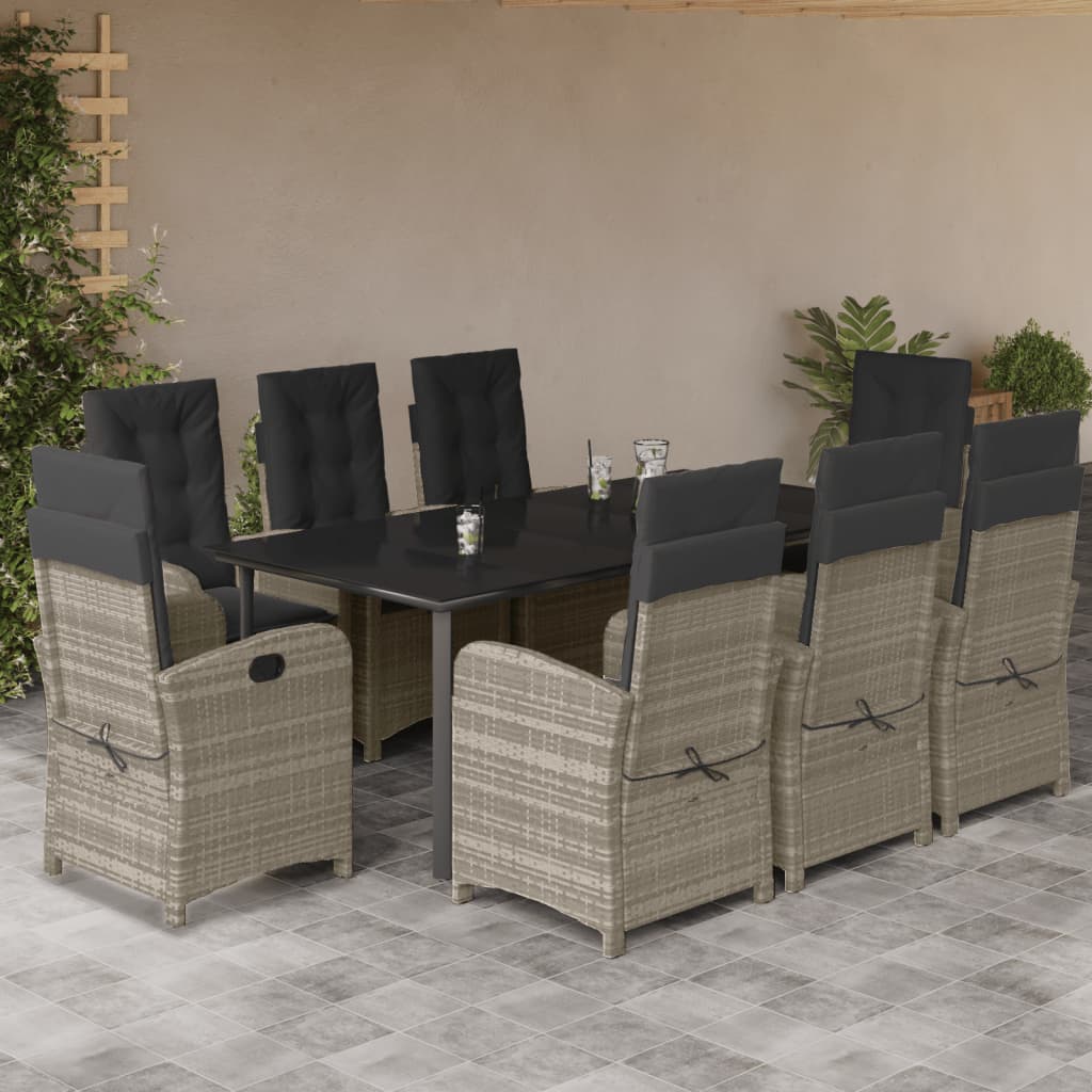 9-tlg. Garten-Essgruppe mit Kissen Hellgrau Poly Rattan