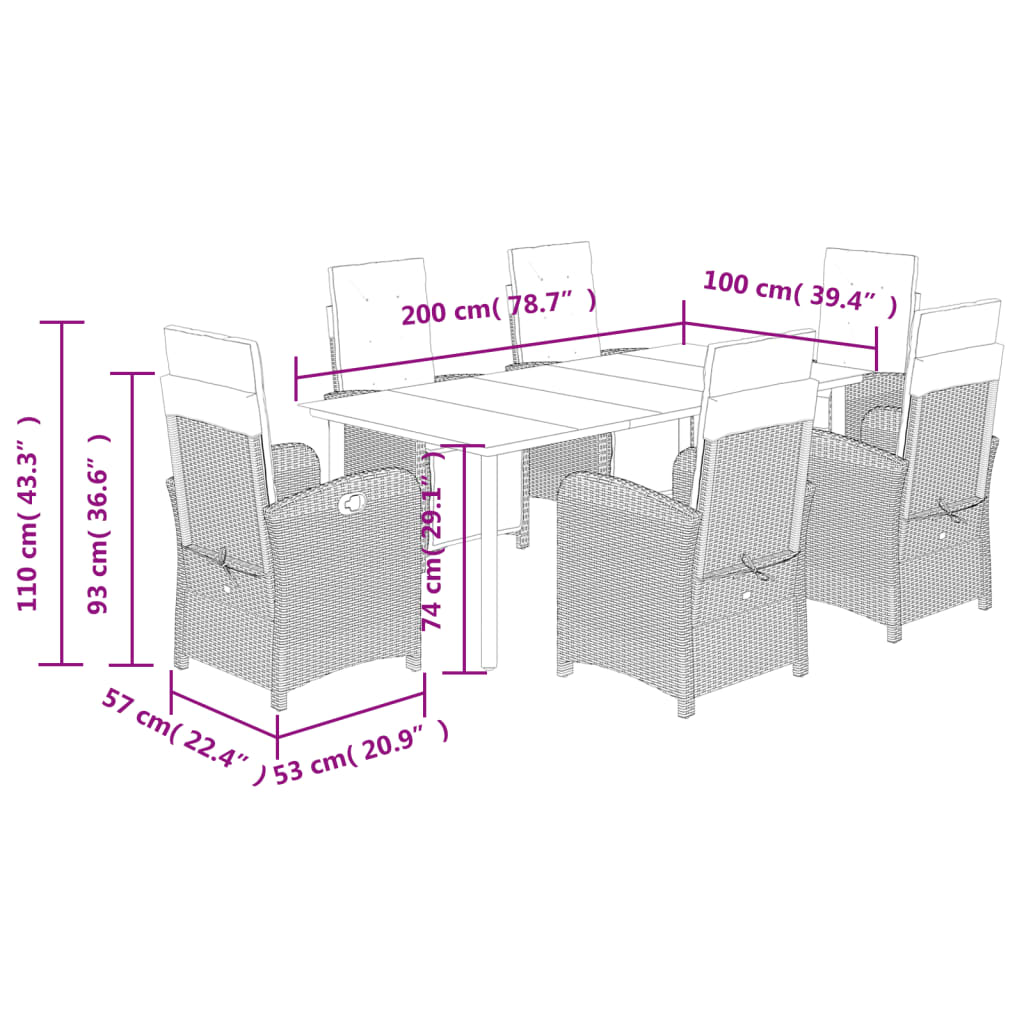 7-tlg. Garten-Essgruppe mit Kissen Braun Poly Rattan