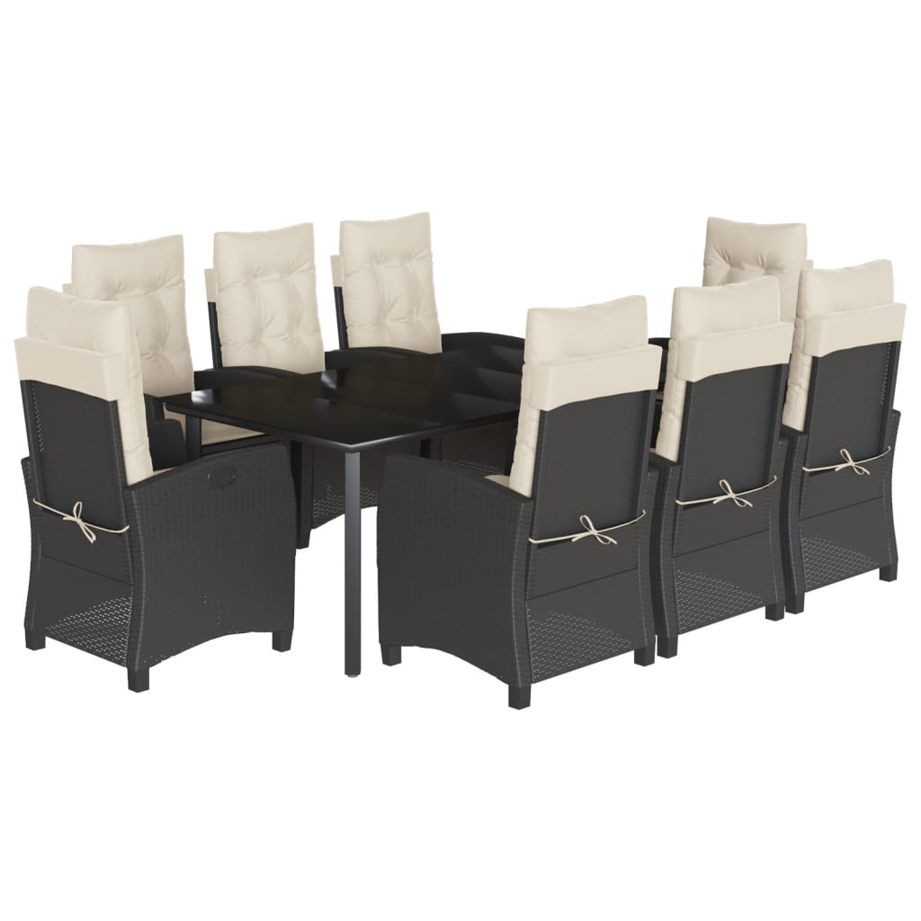 9-tlg. Garten-Essgruppe mit Kissen Schwarz Poly Rattan
