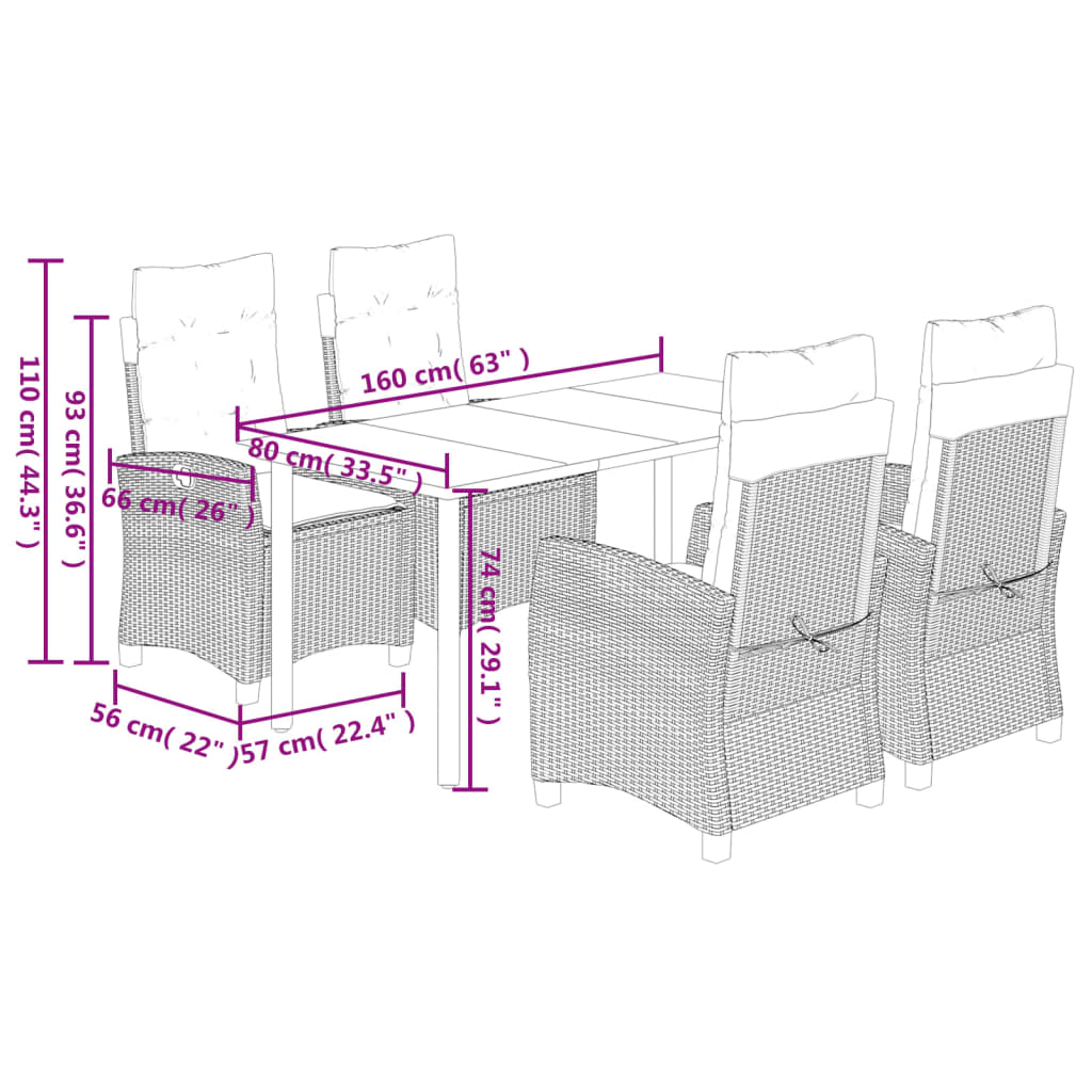 5-tlg. Garten-Essgruppe mit Kissen Beigemischung Poly Rattan