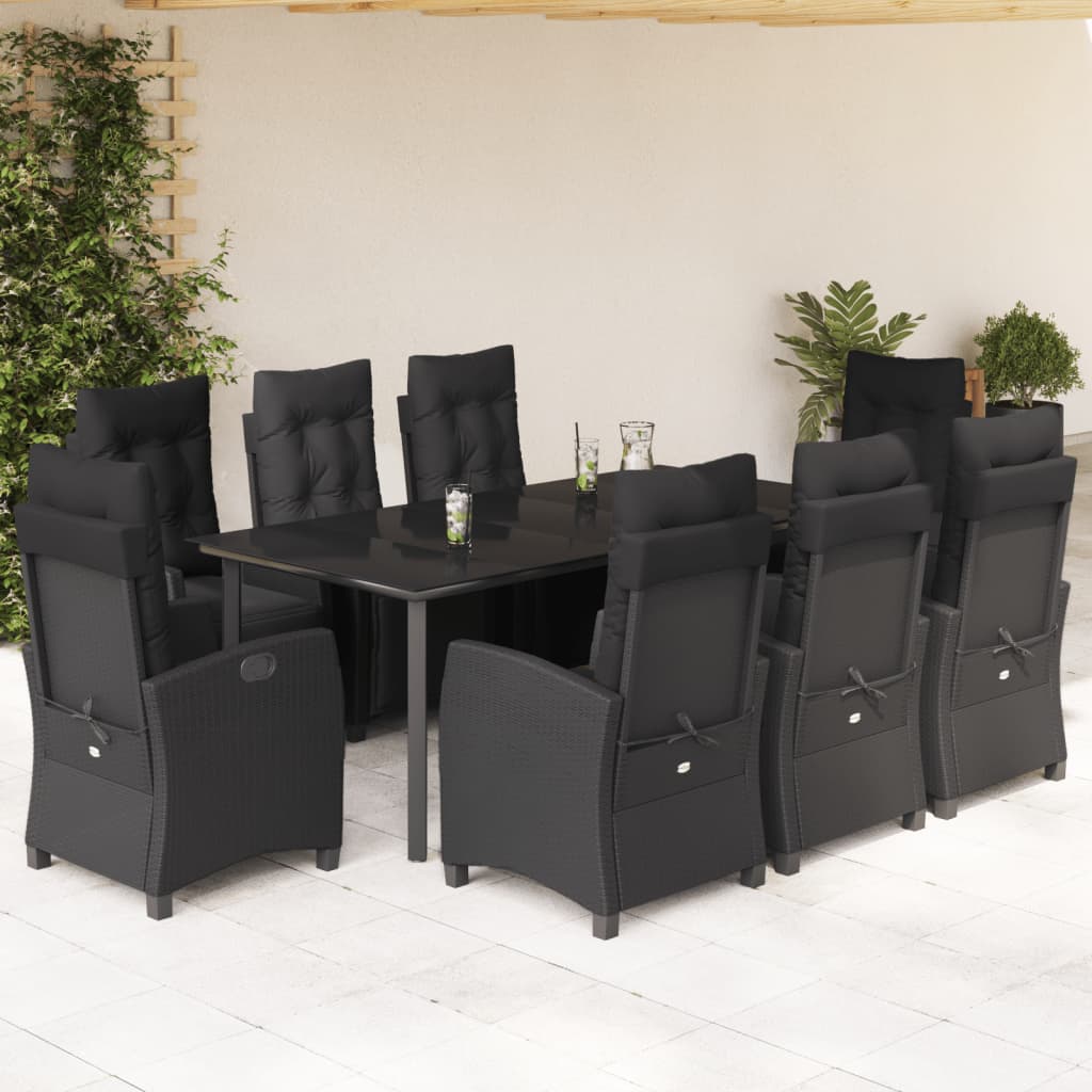 9-tlg. Garten-Essgruppe mit Kissen Schwarz Poly Rattan