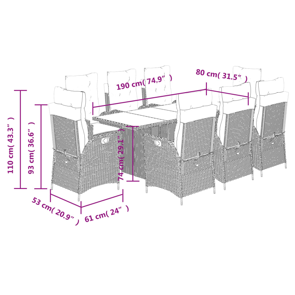 9-tlg. Garten-Essgruppe mit Kissen Braun Poly Rattan