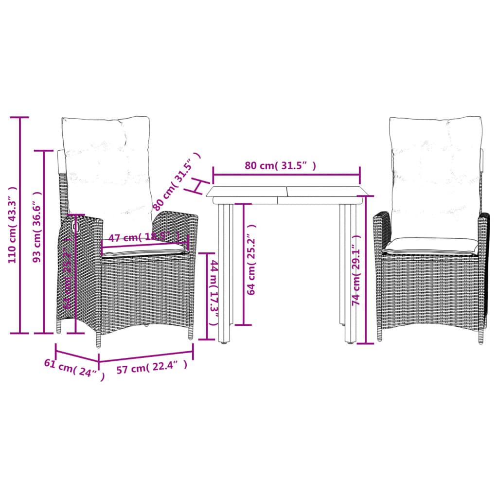 3-tlg. Garten-Essgruppe mit Kissen Schwarz Poly Rattan