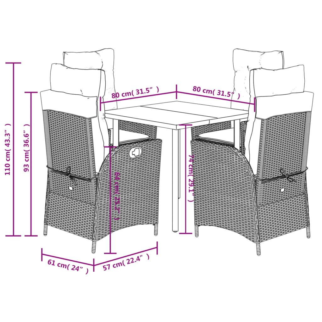 5-tlg. Garten-Essgruppe mit Kissen Braun Poly Rattan