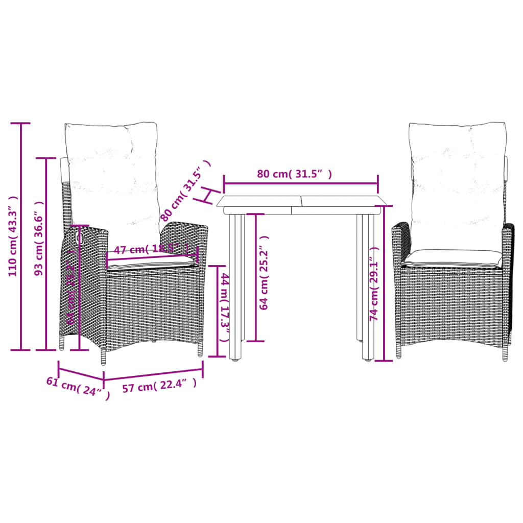 3-tlg. Garten-Essgruppe mit Kissen Beige Poly Rattan