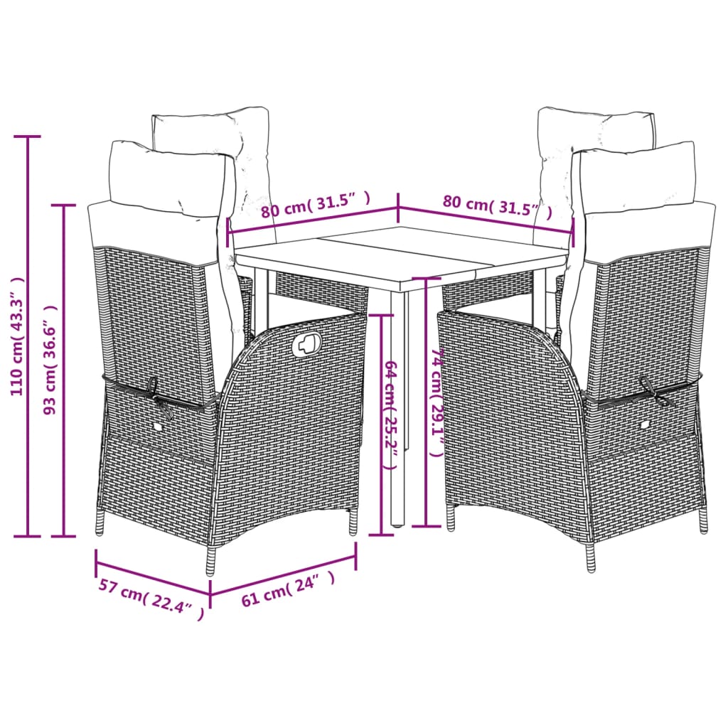 5-tlg. Garten-Essgruppe mit Kissen Schwarz Poly Rattan