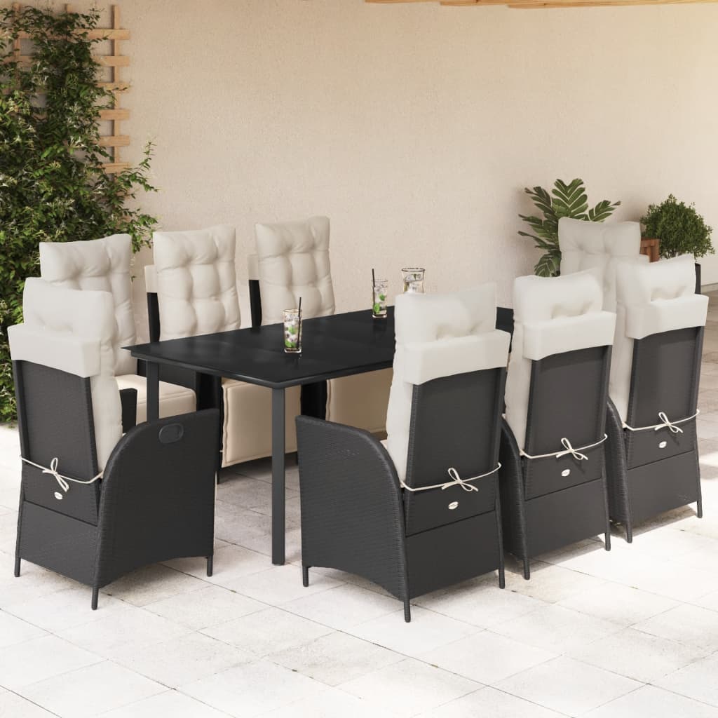 9-tlg. Garten-Essgruppe mit Kissen Schwarz Poly Rattan