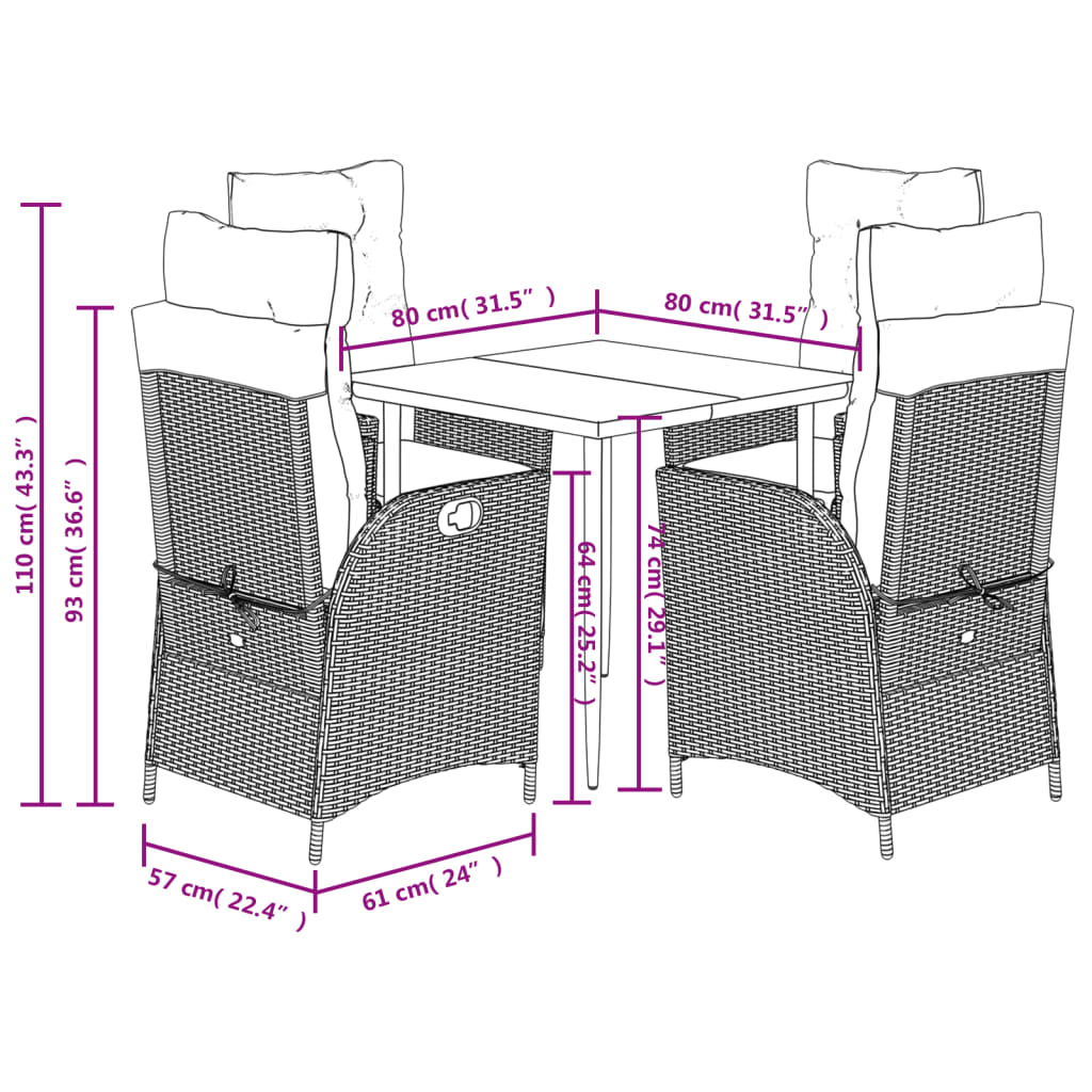 5-tlg. Garten-Essgruppe mit Kissen Schwarz Poly Rattan
