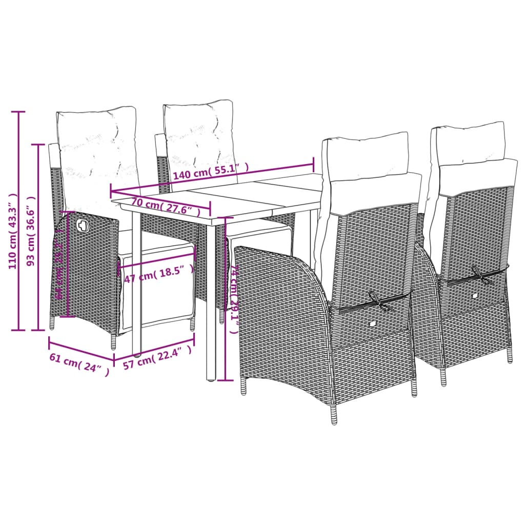 5-tlg. Garten-Essgruppe mit Kissen Braun Poly Rattan