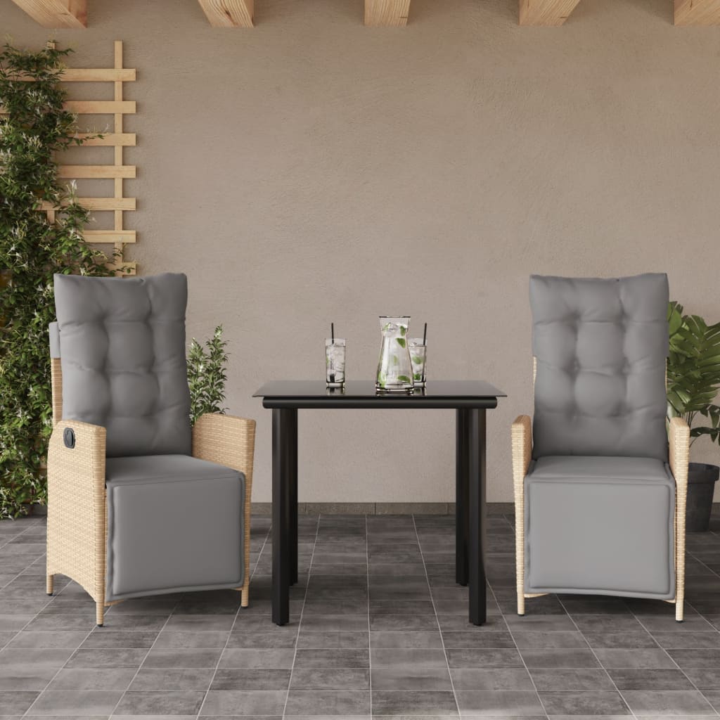 3-tlg. Garten-Essgruppe mit Kissen Beigemischung Poly Rattan