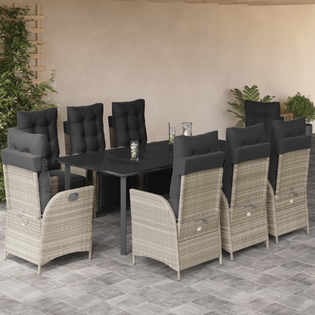 9-tlg. Garten-Essgruppe mit Kissen Hellgrau Poly Rattan