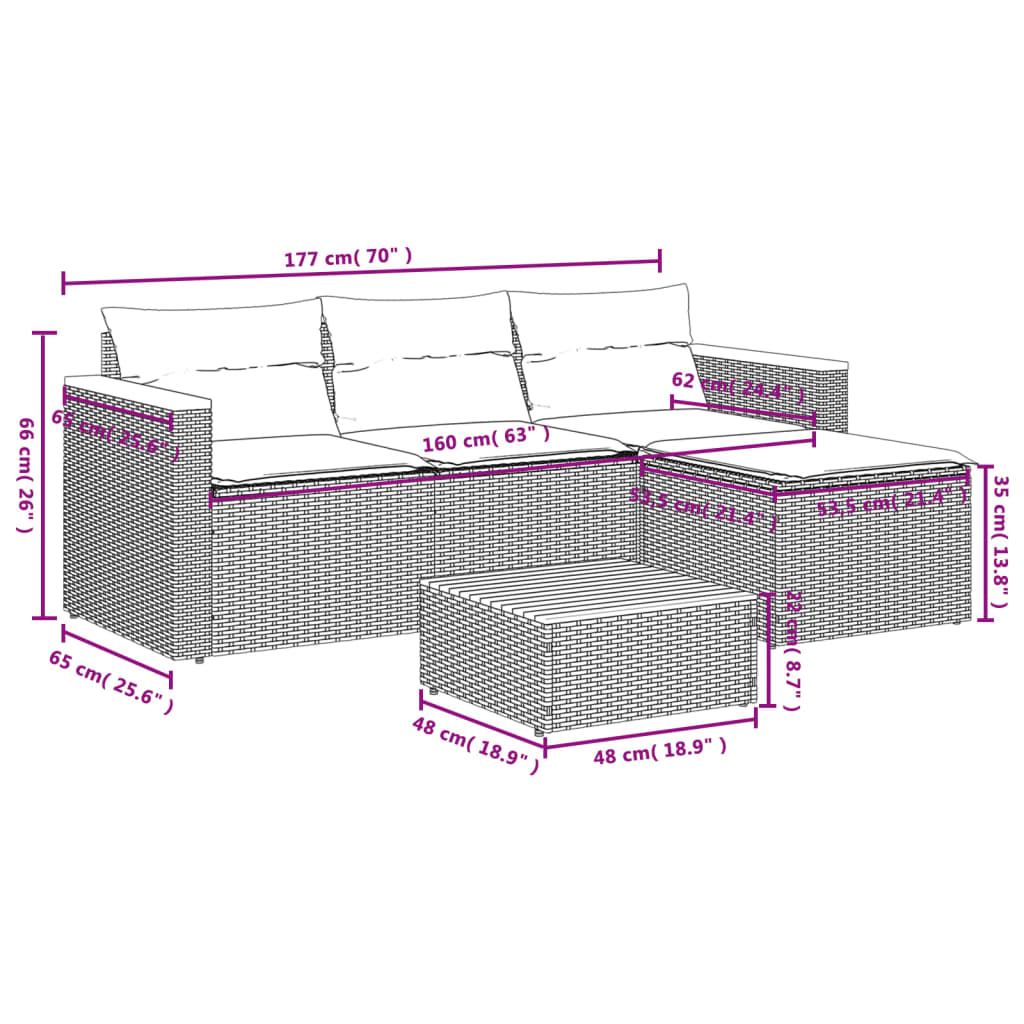5-tlg. Garten-Sofagarnitur mit Kissen Grau Poly Rattan Akazie