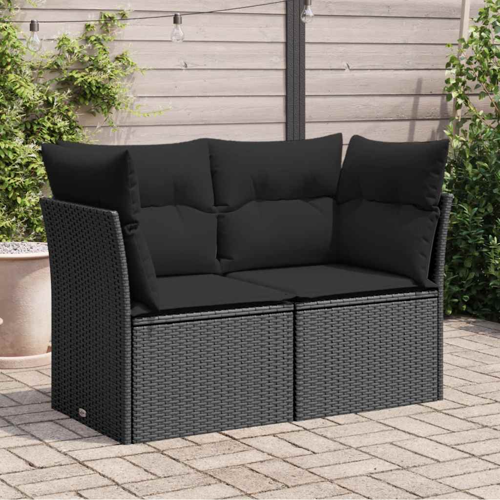 Gartensofa mit Kissen 2-Sitzer Schwarz Poly Rattan