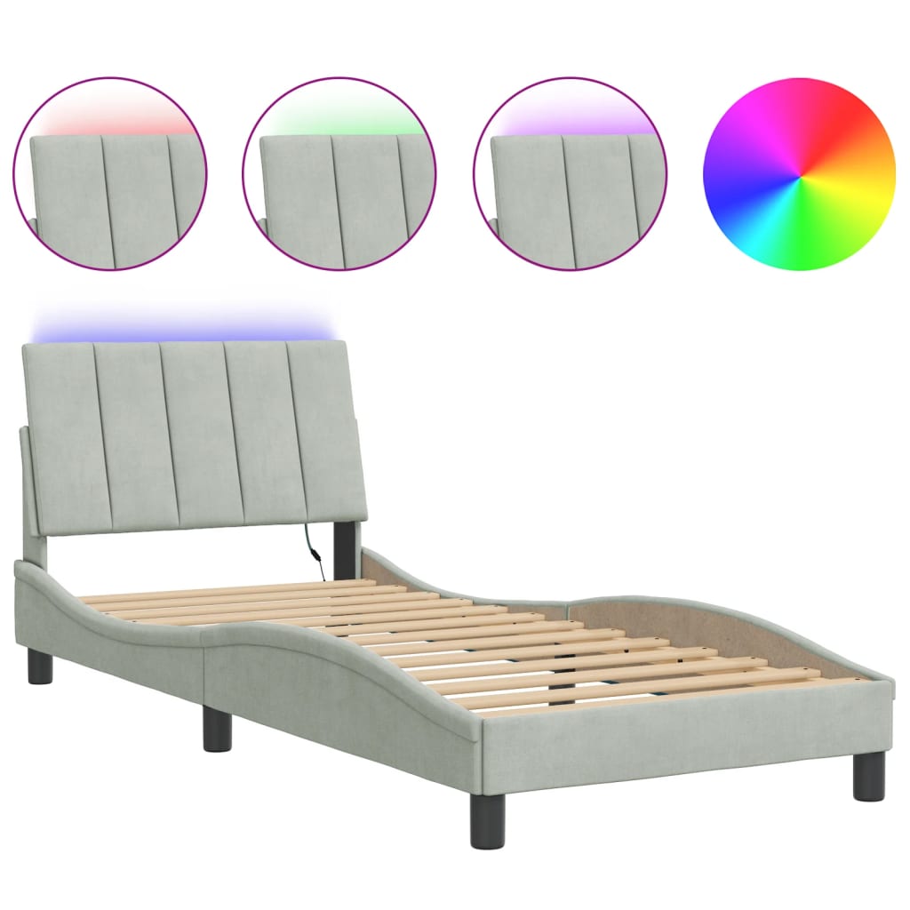 Bettgestell mit LED ohne Matratze "Hanko" Hellgrau 90x190 cm Samt