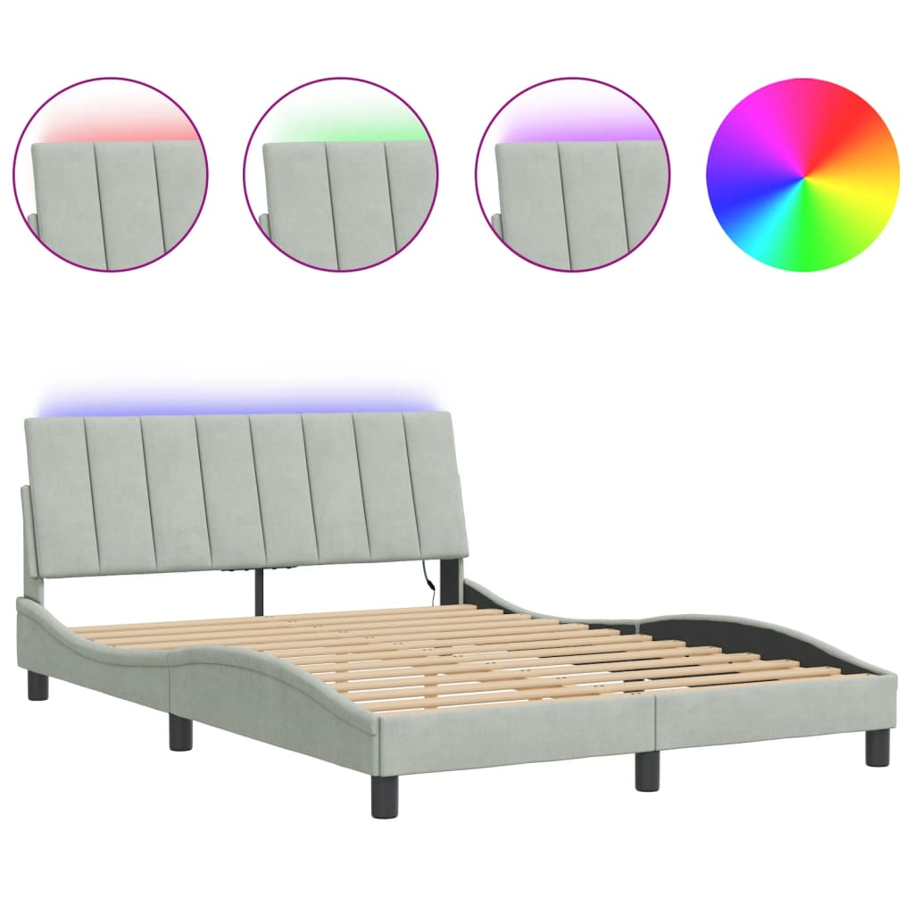 Bettgestell mit LED ohne Matratze "Hanko" Hellgrau 140x190 cm Samt