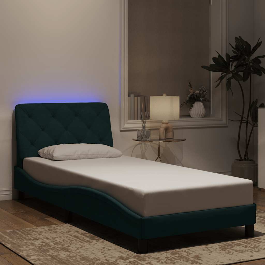 Bettgestell mit LED ohne Matratze Dunkelgrün 90x200 cm Samt