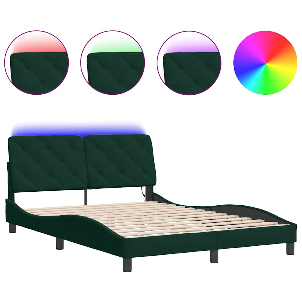 Bettgestell mit LED ohne Matratze Dunkelgrün 140x200 cm Samt