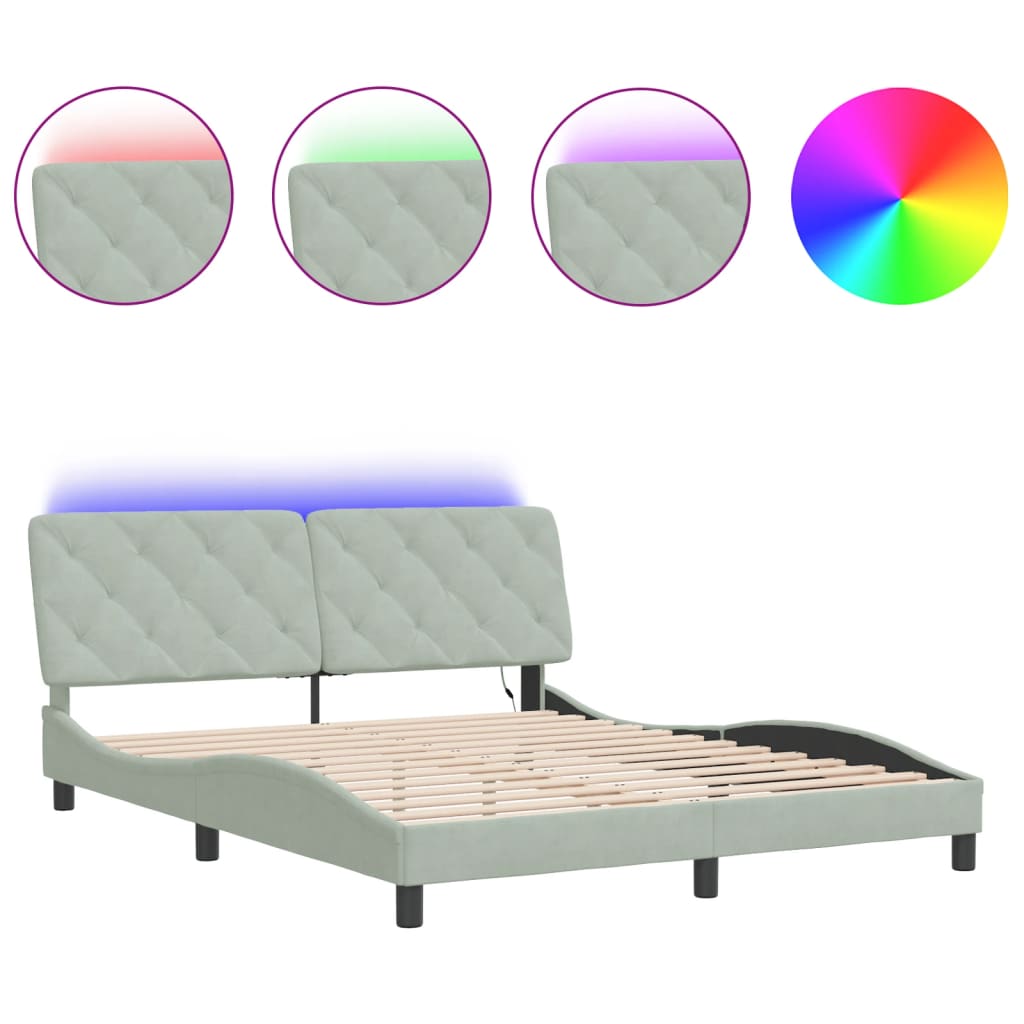 Bettgestell mit LED ohne Matratze Hellgrau 160x200 cm Samt
