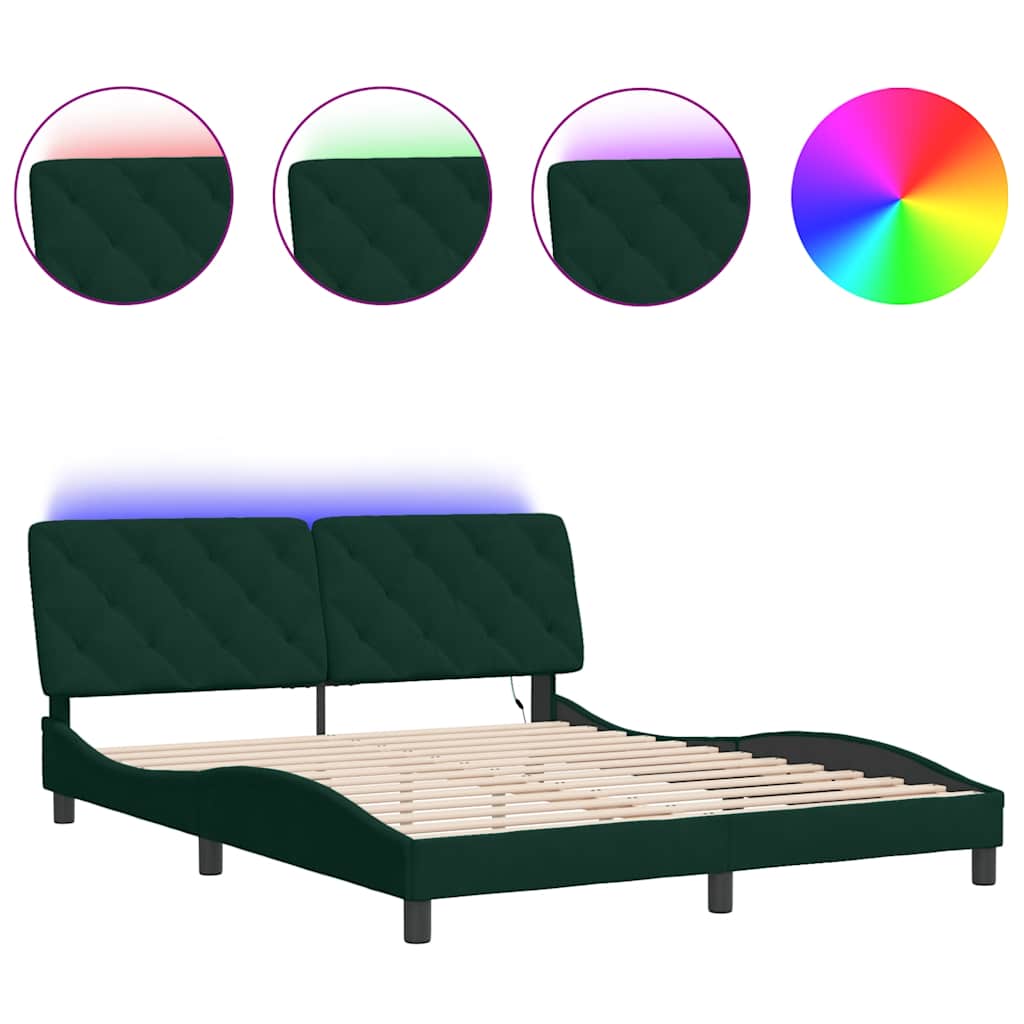Bettgestell mit LED ohne Matratze Dunkelgrün 160x200 cm Samt