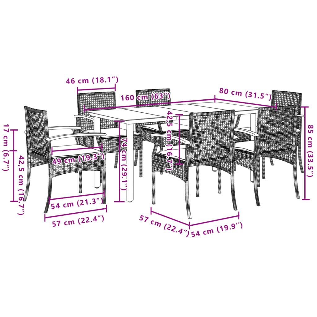 7-tlg. Garten-Essgruppe mit Kissen Schwarz Poly Rattan