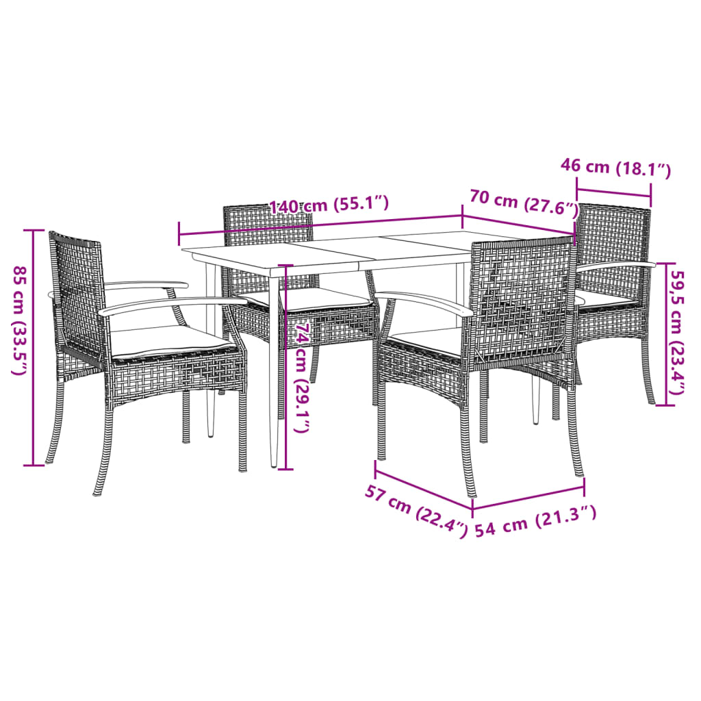 5-tlg. Garten-Essgruppe mit Kissen Beige Poly Rattan