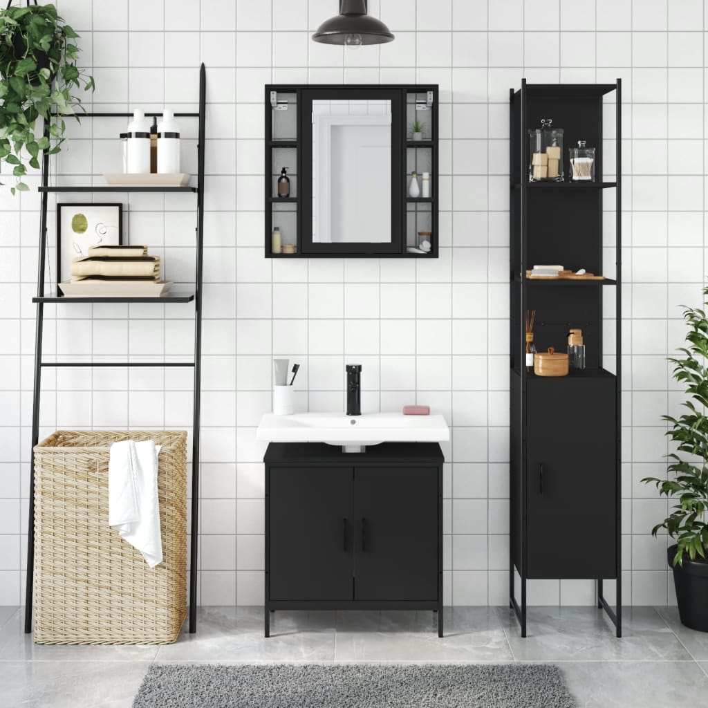 3-tlg. Badmöbel-Set Schwarz Holzwerkstoff
