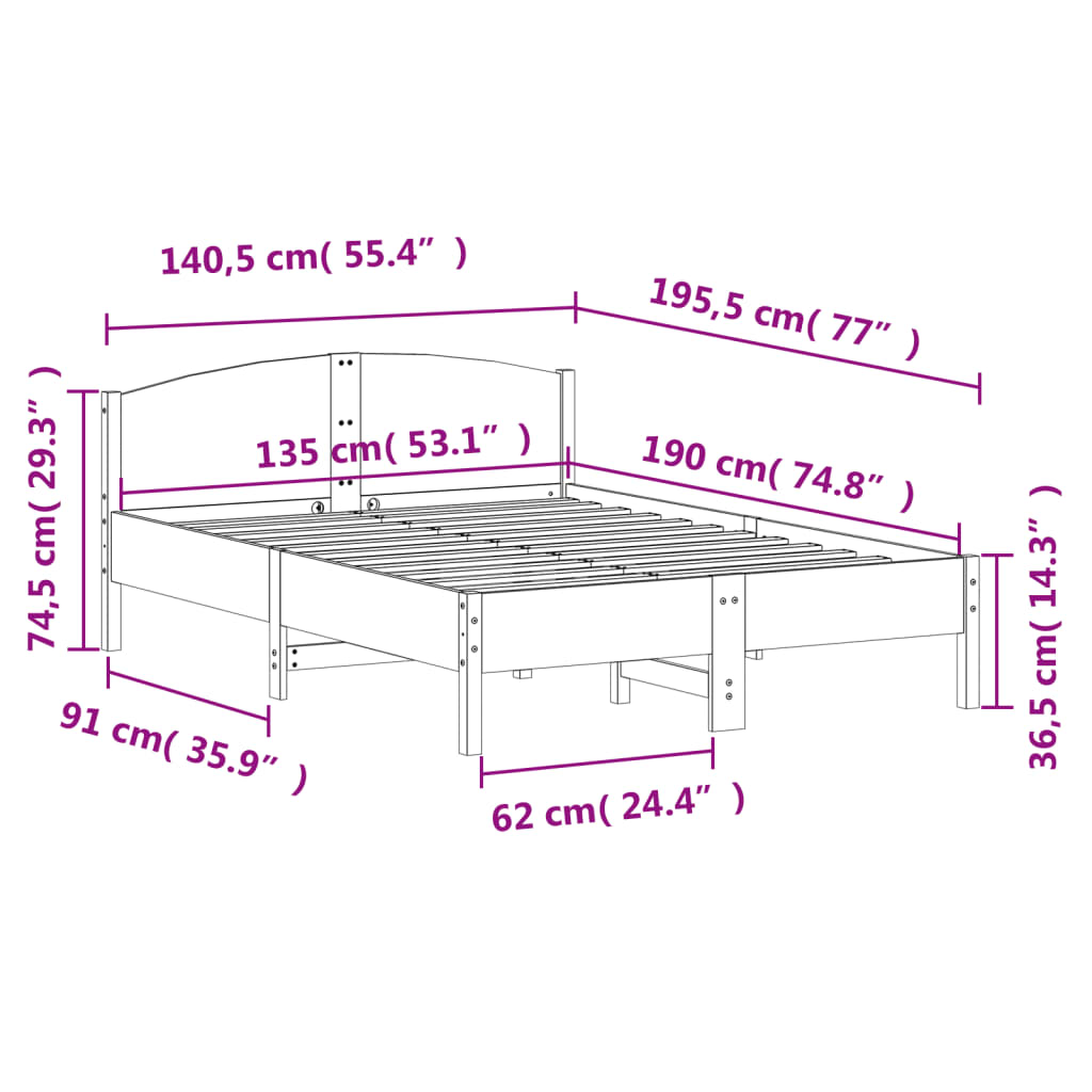 Massivholzbett ohne Matratze 135x190 cm Kiefernholz