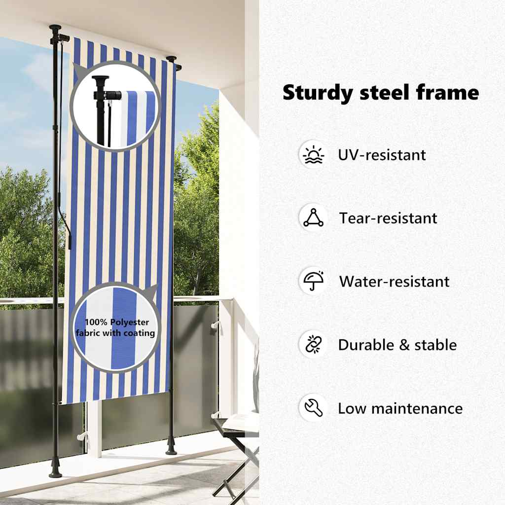 Außenrollo Blau und Weiß 100x270 cm Stoff und Stahl