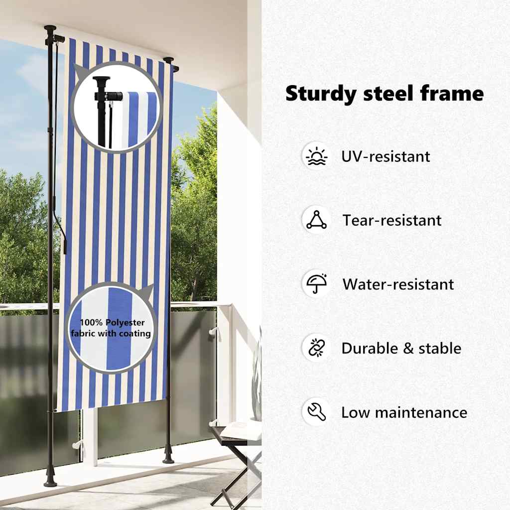 Außenrollo Blau und Weiß 120x270 cm Stoff und Stahl