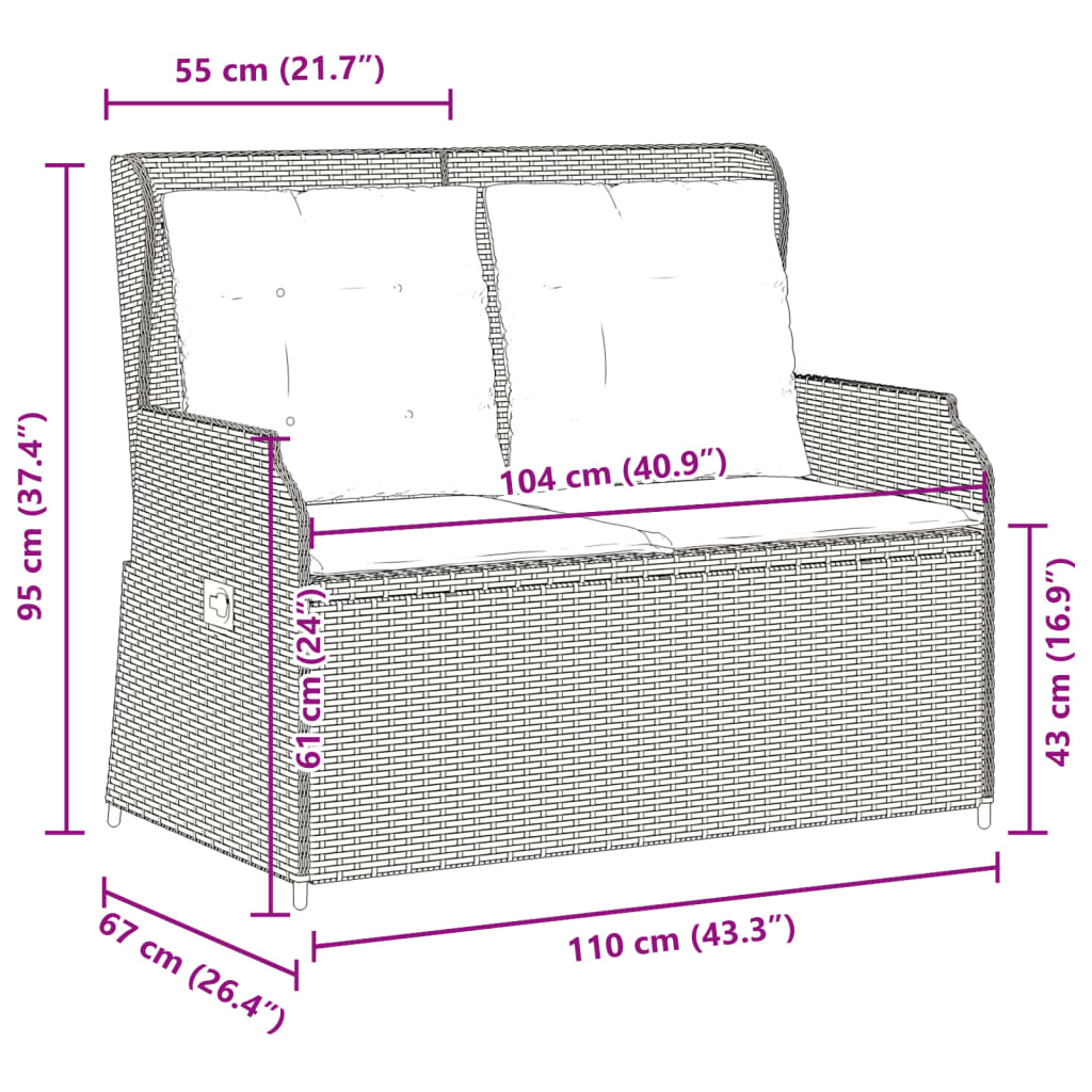 Gartenbank mit Liegefunktion und Kissen Braun Polyrattan