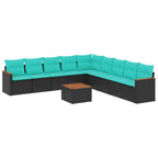 10-teiliges Gartensofa-Set mit Kissen, schwarzes Polyrattan